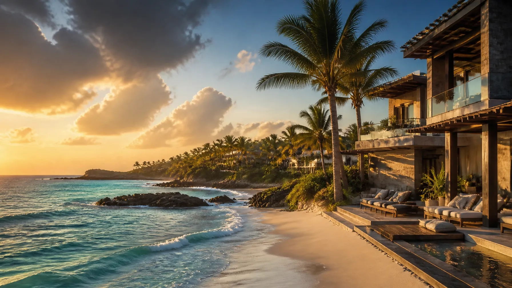 Riviera Maya coastline at golden hour